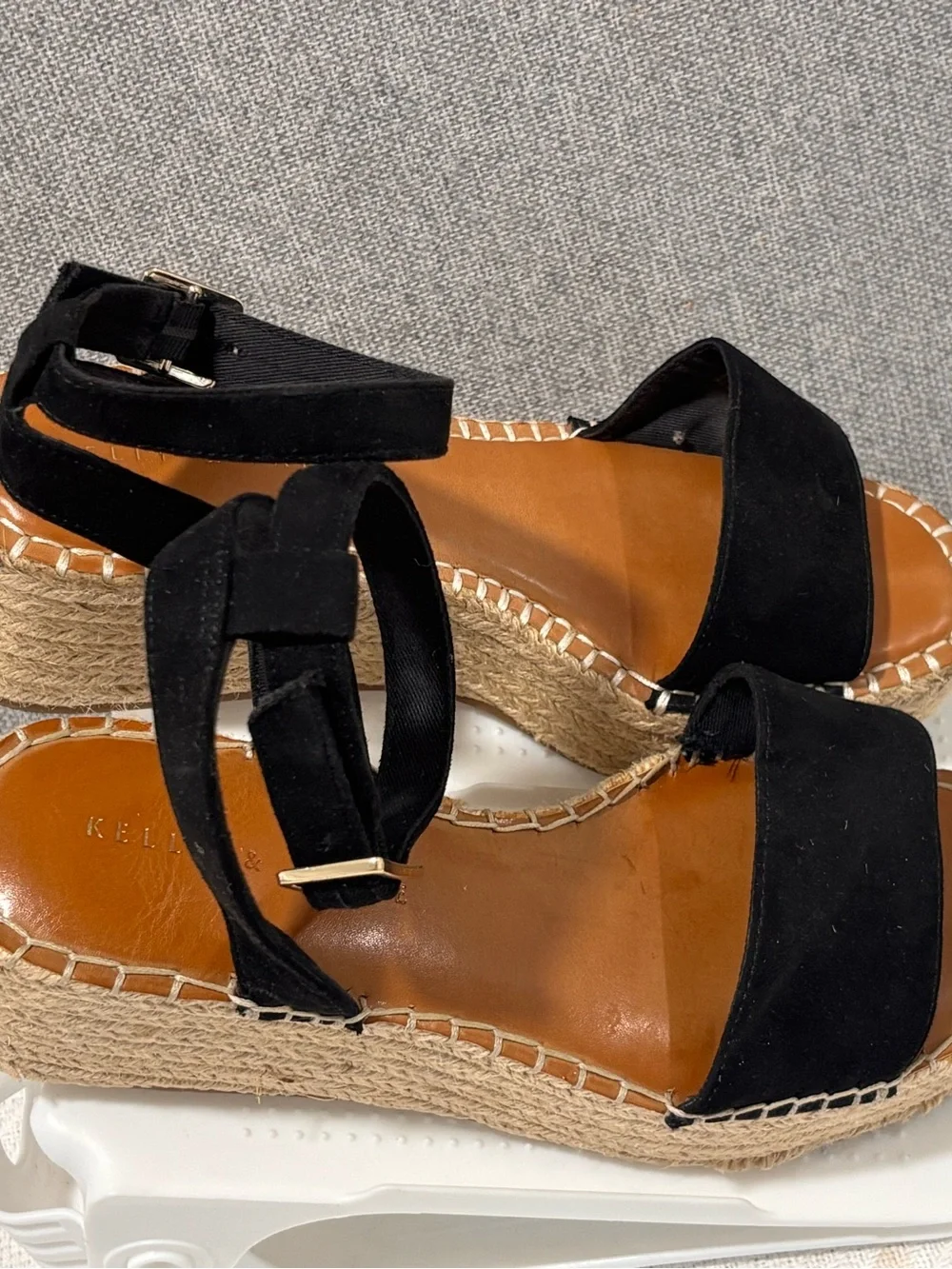 🟣Kelly & Katie Black Espadrille Wedge Sandals with Ankle Strap and Jute Platform